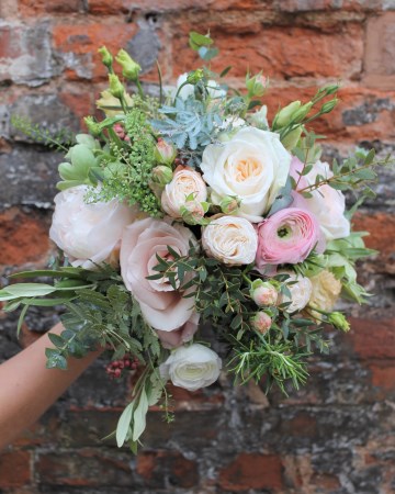 Bridesmaid Bouquet Featuring Blush Peony - White O'Hara Rose - Mansfield Park Spray Rose - Helebors - Ranunculus and Lisianthus 