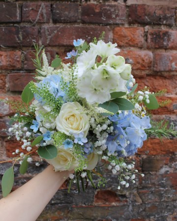 Bridesmaids Bouquet Featuring - Mondial Rose - Delphinium - Oxypetelum - Gypsophila - Hydrangea - Thlaspi - Rosemary & Tancetum 