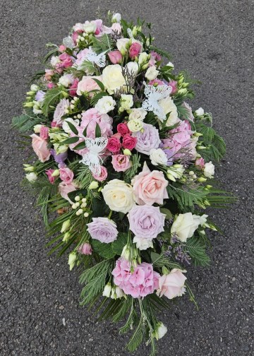 Ivory and Pink Casket Spray With Butterfly Detailing - roses - lisianthus - hydrangea - limonium - 