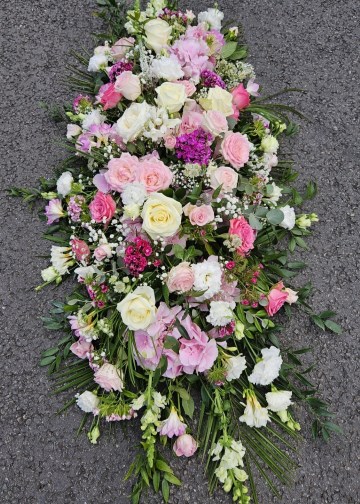 Mixed pink ivory and blush casket spray - vintage style design roses - hydrangeas - lisianthus - sweet williams - summer garden casket spray