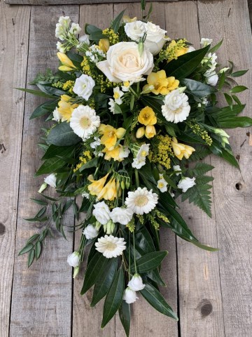 white and yellow mixed floral tribute - single ended spray - funeral tribute 