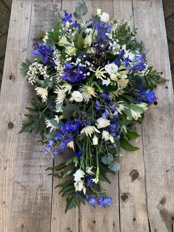 royal blue and white single ended spray floral tribute - funeral tribute spray 