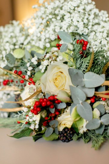 christmas wedding in solihull - festive wedding flowers - ivory and ruby wedding flowers - bridal bouquet - gypsophilla bridesmaids bouquets