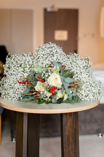 christmas wedding in solihull - festive wedding flowers - ivory and ruby wedding flowers - bridal bouquet - gypsophilla bridesmaids bouquets