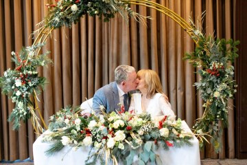 christmas wedding in solihull - festive wedding flowers - ivory and ruby wedding flowers - bridal bouquet - gypsophilla bridesmaids bouquets- moongate flowers - ceremony flowers - registrar table flowers