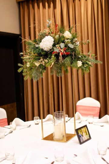 christmas wedding in solihull - festive wedding flowers - ivory and ruby wedding flowers - bridal bouquet - gypsophilla bridesmaids bouquets- moongate flowers - ceremony flowers - registrar table flowers