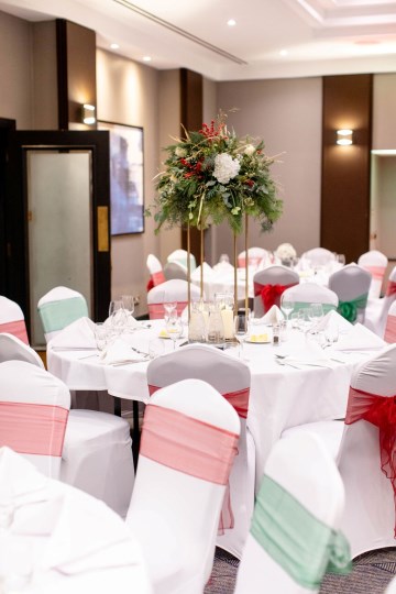 christmas wedding in solihull - festive wedding flowers - ivory and ruby wedding flowers - bridal bouquet - gypsophilla bridesmaids bouquets- moongate flowers - ceremony flowers - registrar table flowers