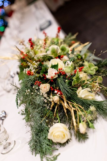 christmas wedding in solihull - festive wedding flowers - ivory and ruby wedding flowers - bridal bouquet - gypsophilla bridesmaids bouquets- moongate flowers - ceremony flowers - registrar table flowers