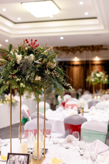 christmas wedding in solihull - festive wedding flowers - ivory and ruby wedding flowers - bridal bouquet - gypsophilla bridesmaids bouquets- moongate flowers - ceremony flowers - registrar table flowers