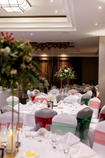 christmas wedding in solihull - festive wedding flowers - ivory and ruby wedding flowers - bridal bouquet - gypsophilla bridesmaids bouquets- moongate flowers - ceremony flowers - registrar table flowers