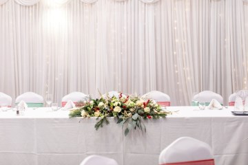 christmas wedding in solihull - festive wedding flowers - ivory and ruby wedding flowers - bridal bouquet - gypsophilla bridesmaids bouquets- moongate flowers - ceremony flowers - registrar table flowers