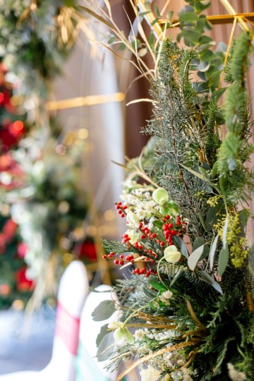 christmas wedding in solihull - festive wedding flowers - ivory and ruby wedding flowers - bridal bouquet - gypsophilla bridesmaids bouquets- moongate flowers - ceremony flowers - registrar table flowers