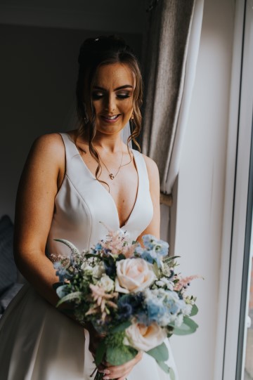 Blush And Blue Bridal Bouquet - blush and blue wedding flowers - sweet avalanche - blue delphinium - blush astilbe - blue eryngium - waxflower 