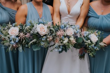 Blush And Blue Bridal Bouquet - blush and blue wedding flowers - sweet avalanche - blue delphinium - blush astilbe - blue eryngium - waxflower 