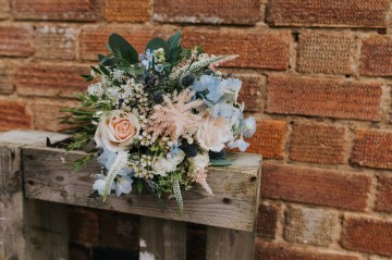 Blush And Blue Bridal Bouquet - blush and blue wedding flowers - sweet avalanche - blue delphinium - blush astilbe - blue eryngium - waxflower 