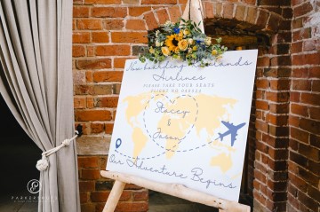 yellow and blue theme wedding at shustoke farm barns - yellow and blue flowers - yellow roses - blue delphiniums - sunflowers - blue thistle - buttonholes - bridesmaids bouquets