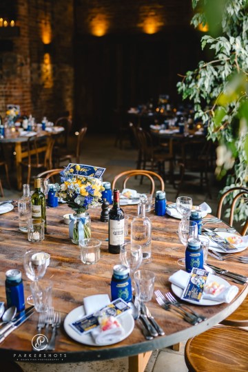 yellow and blue theme wedding at shustoke farm barns - yellow and blue flowers - yellow roses - blue delphiniums - sunflowers - blue thistle - buttonholes - bridesmaids bouquets