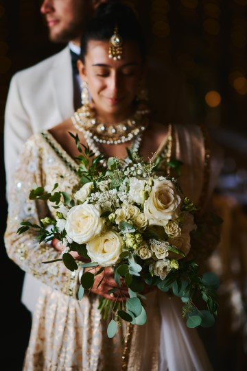 Ivory wedding flowers - bridal bouquet - Highland Barn Atherstone - Ivory Avalanche Roses - Frilly Lisianthus - gypsophila - spray Roses - eucalyptus - Indian Bride - barn wedding  