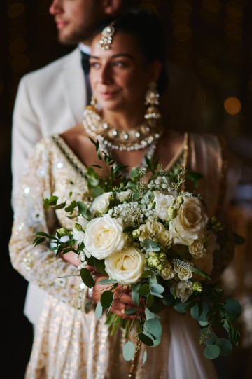 Ivory wedding flowers - bridal bouquet - Highland Barn Atherstone - Ivory Avalanche Roses - Frilly Lisianthus - gypsophila - spray Roses - eucalyptus - Indian Bride - barn wedding  