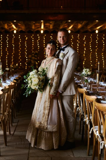 Ivory wedding flowers - bridal bouquet - Highland Barn Atherstone - Ivory Avalanche Roses - Frilly Lisianthus - gypsophila - spray Roses - eucalyptus - Indian Bride - barn wedding  