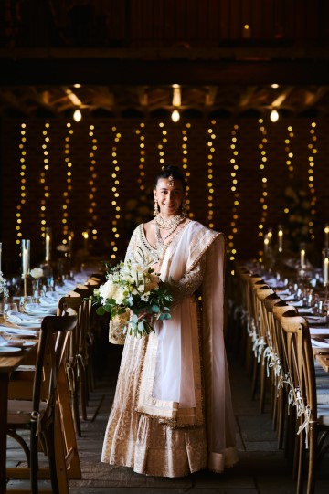 Ivory wedding flowers - bridal bouquet - Highland Barn Atherstone - Ivory Avalanche Roses - Frilly Lisianthus - gypsophila - spray Roses - eucalyptus - Indian Bride - barn wedding  