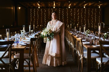 Ivory wedding flowers - bridal bouquet - Highland Barn Atherstone - Ivory Avalanche Roses - Frilly Lisianthus - gypsophila - spray Roses - eucalyptus - Indian Bride - barn wedding  