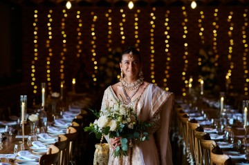 Ivory wedding flowers - bridal bouquet - Highland Barn Atherstone - Ivory Avalanche Roses - Frilly Lisianthus - gypsophila - spray Roses - eucalyptus - Indian Bride - barn wedding  