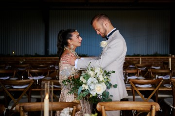 Ivory wedding flowers - bridal bouquet - Highland Barn Atherstone - Ivory Avalanche Roses - Frilly Lisianthus - gypsophila - spray Roses - eucalyptus - Indian Bride - barn wedding  