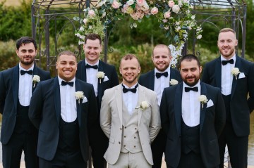 Ivory wedding flowers - bridal bouquet - Highland Barn Atherstone - Ivory Avalanche Roses - Frilly Lisianthus - gypsophila - spray Roses - eucalyptus - Indian Bride - barn wedding - gents buttonholes 