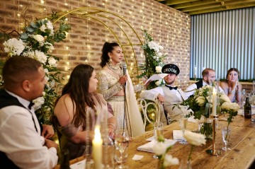 Ivory wedding flowers - bridal bouquet - Highland Barn Atherstone - Ivory Avalanche Roses - Frilly Lisianthus - gypsophila - spray Roses - eucalyptus - Indian Bride - barn wedding  