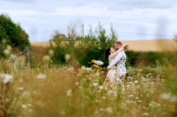 Ivory wedding flowers - bridal bouquet - Highland Barn Atherstone - Ivory Avalanche Roses - Frilly Lisianthus - gypsophila - spray Roses - eucalyptus - Indian Bride - barn wedding  