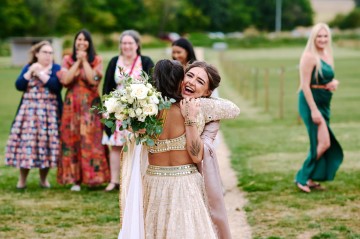 Ivory wedding flowers - bridal bouquet - Highland Barn Atherstone - Ivory Avalanche Roses - Frilly Lisianthus - gypsophila - spray Roses - eucalyptus - Indian Bride - barn wedding  