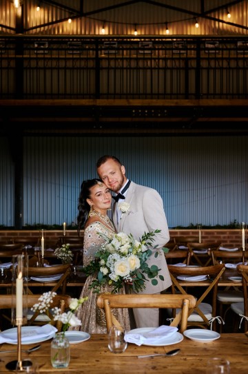 Ivory wedding flowers - bridal bouquet - Highland Barn Atherstone - Ivory Avalanche Roses - Frilly Lisianthus - gypsophila - spray Roses - eucalyptus - Indian Bride - barn wedding  