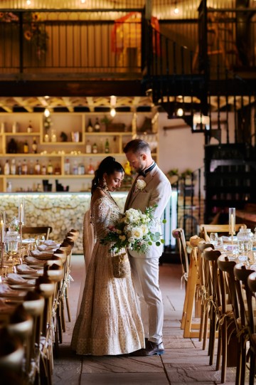 Ivory wedding flowers - bridal bouquet - Highland Barn Atherstone - Ivory Avalanche Roses - Frilly Lisianthus - gypsophila - spray Roses - eucalyptus - Indian Bride - barn wedding  