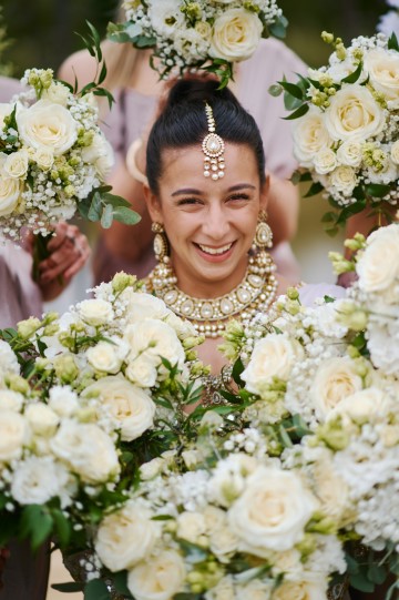 Ivory wedding flowers - bridal bouquet - Highland Barn Atherstone - Ivory Avalanche Roses - Frilly Lisianthus - gypsophila - spray Roses - eucalyptus - Indian Bride - barn wedding  