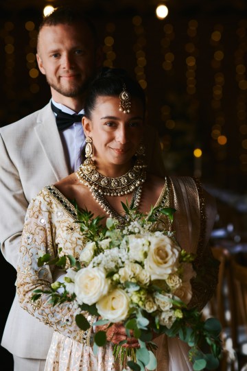 Ivory wedding flowers - bridal bouquet - Highland Barn Atherstone - Ivory Avalanche Roses - Frilly Lisianthus - gypsophila - spray Roses - eucalyptus - Indian Bride - barn wedding  