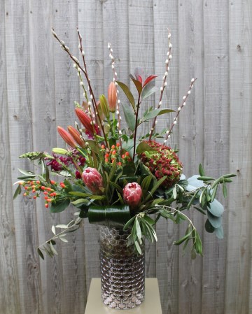 Vase Display Of Hydrangea, Protea, Lily, Willow And Foliage 
