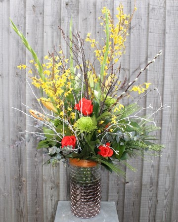 Vase Display Lily, Gladioli, Chrysanthemum Bloom And Roses 