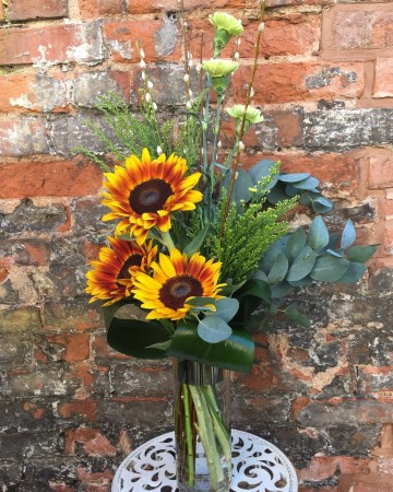 Vase Display Sunflowers, Solidaster And Carnation 