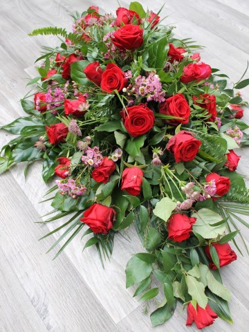 Red Rose And Pink Waxflower Casket Spray 