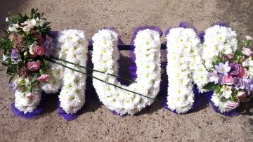 Ribbon Edge - White Based Letters - Purple And Lilac Sprays 