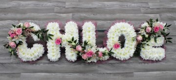 Ribbon Edge - White Based Letters - Pink And Ivory Sprays 