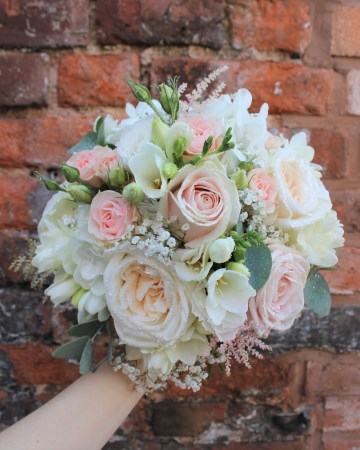 Bridal Bouquet Featuring - White O'Hara Rose - Sweet Avalanche Rose - Astilbe - Waxflower - Lisianthus - Bombastic Spray Rose - Freesia & Eucalyptus 