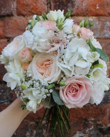 Bridal Bouquet Featuring - White O'Hara Rose - Sweet Avalanche Rose - Astilbe - Gypsophila - Lisianthus - Bombastic Spray Rose - Freesia - Hydrangea & Eucalyptus 