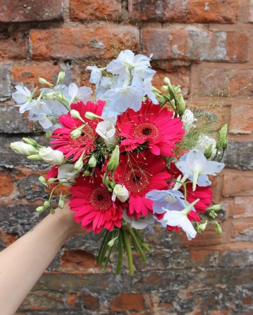Bridal Bouquet Featuring Cerise Gerbera - Pale Blue Delphinium & Lisianthus 