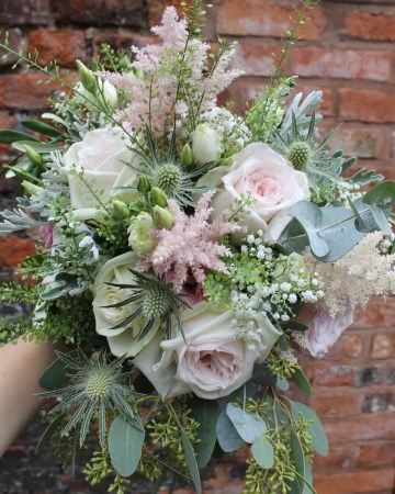 Bridal Bouquet Featuring - White O'Hara Rose - Eryngium - Astilbe - Gypsophila - Lisianthus - Senecio & Eucalyptus 