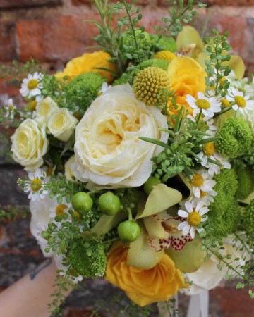 Bridal Bouquet Featuring - David Austin "Patience" Rose - craspedia - Tanacetum - Kermit Chrysanthemum - Hypericum - Orchids & Yellow "Moonwalk" Rose 