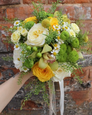 Bridal Bouquet Featuring - David Austin "Patience" Rose - craspedia - Tanacetum - Kermit Chrysanthemum - Hypericum - Orchids & Yellow "Moonwalk" Rose
