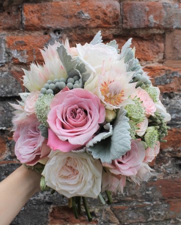 Bridesmaids Bouquet Featuring - Faith Rose - White O'Hara Rose - Bridal Protea - Brunia - Astrantia - Satchia Leaf 