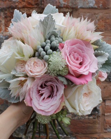 Bridal Bouquet Featuring - Faith Rose - Bombast Spray Rose - White O'Hara Rose - Bridal Protea - Brunia - Astrantia - Satchia Leaf 